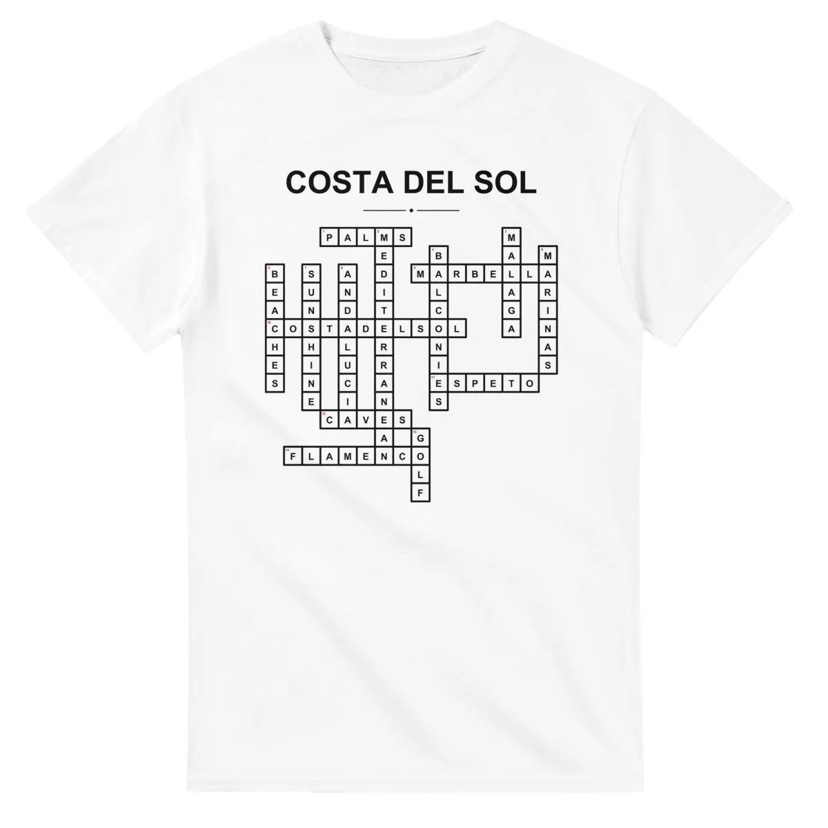 Monochrome crossword sheet for Costa del Sol, with a large place-name heading, a letter grid, and numbered across and down clues.