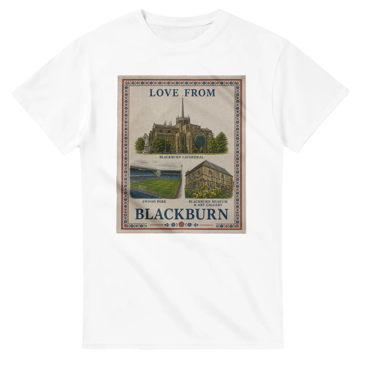 Framed scenic design for Blackburn, with several local views, a decorative border and LOVE FROM lettering.