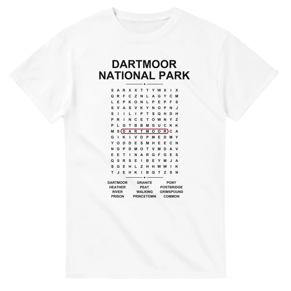 Word-search sheet for Dartmoor National Park, with a large place-name heading, a letter grid, a local answer list, and a red highlighted example word.