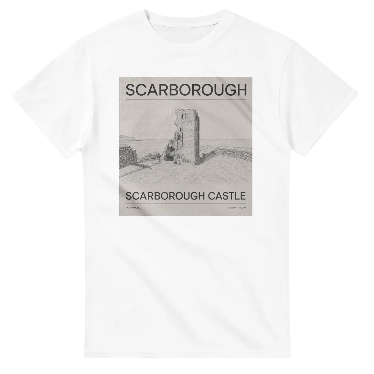 Fine-line engraving-style drawing for Scarborough, with a landmark caption and small coordinate text.