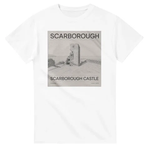 Fine-line engraving-style drawing for Scarborough, with a landmark caption and small coordinate text.
