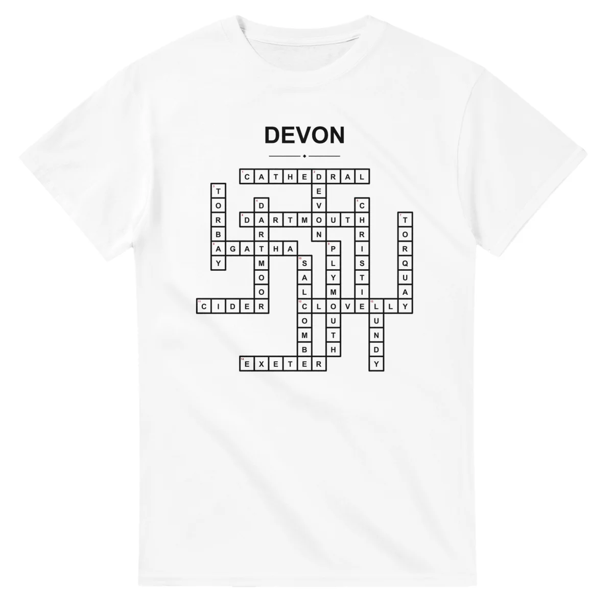 Monochrome crossword sheet for Devon, with a large place-name heading, a letter grid, and numbered across and down clues.