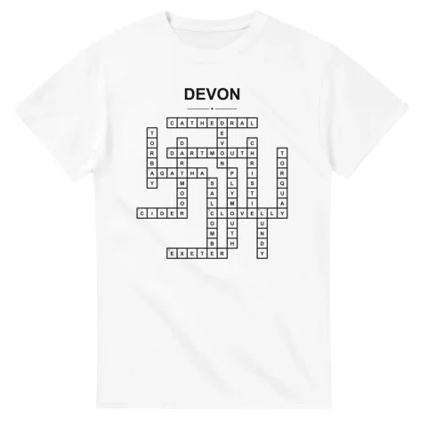 Monochrome crossword sheet for Devon, with a large place-name heading, a letter grid, and numbered across and down clues.