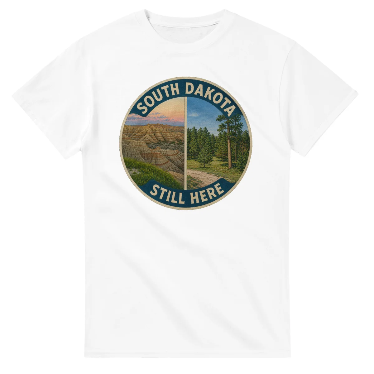Painted, panelled scenic illustration for South Dakota, with paired local scenes and the place name in lettering.