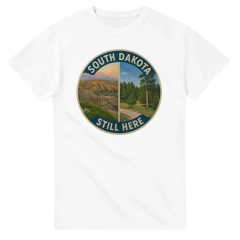 Painted, panelled scenic illustration for South Dakota, with paired local scenes and the place name in lettering.