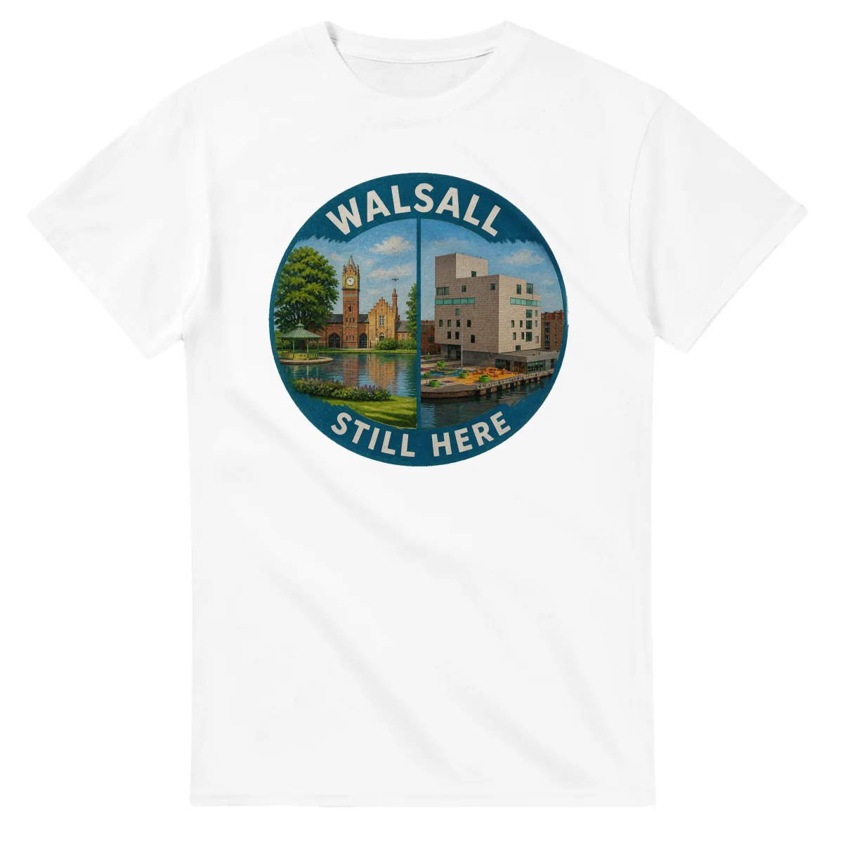Painted, panelled scenic illustration for Walsall, with paired local scenes and the place name in lettering.