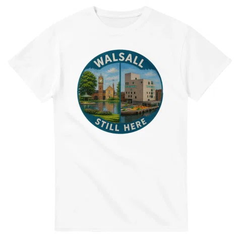 Painted, panelled scenic illustration for Walsall, with paired local scenes and the place name in lettering.