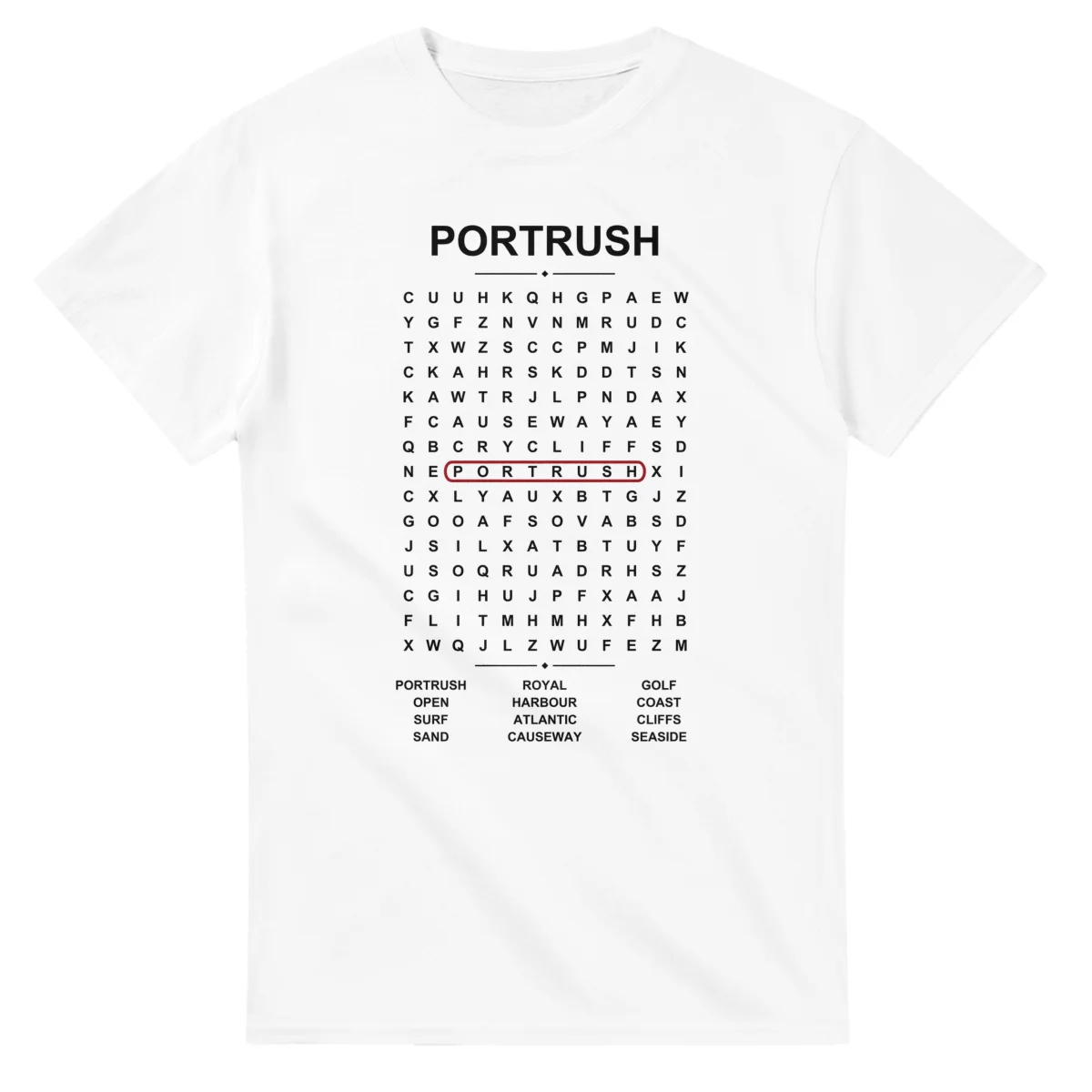 Word-search sheet for Portrush, with a large place-name heading, a letter grid, a local answer list, and a red highlighted example word.