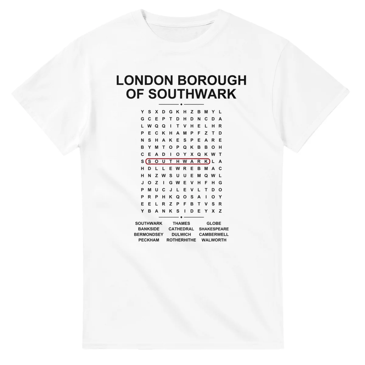 Word-search sheet for London Borough of Southwark, with a large place-name heading, a letter grid, a local answer list, and a red highlighted example word.