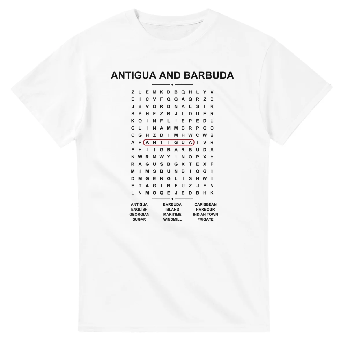 Word-search sheet for Antigua and Barbuda, with a large place-name heading, a letter grid, a local answer list, and a red highlighted example word.