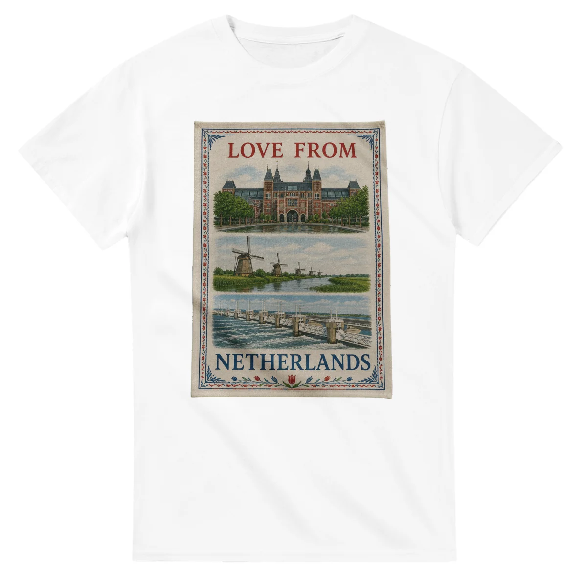 Framed scenic design for Netherlands, with several local views, a decorative border and LOVE FROM lettering.