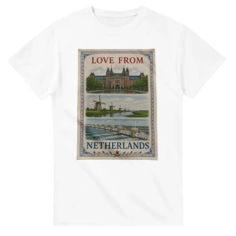 Framed scenic design for Netherlands, with several local views, a decorative border and LOVE FROM lettering.