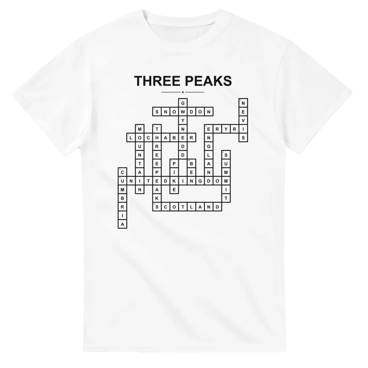 Monochrome crossword sheet for Three Peaks, with a large place-name heading, a letter grid, and numbered across and down clues.
