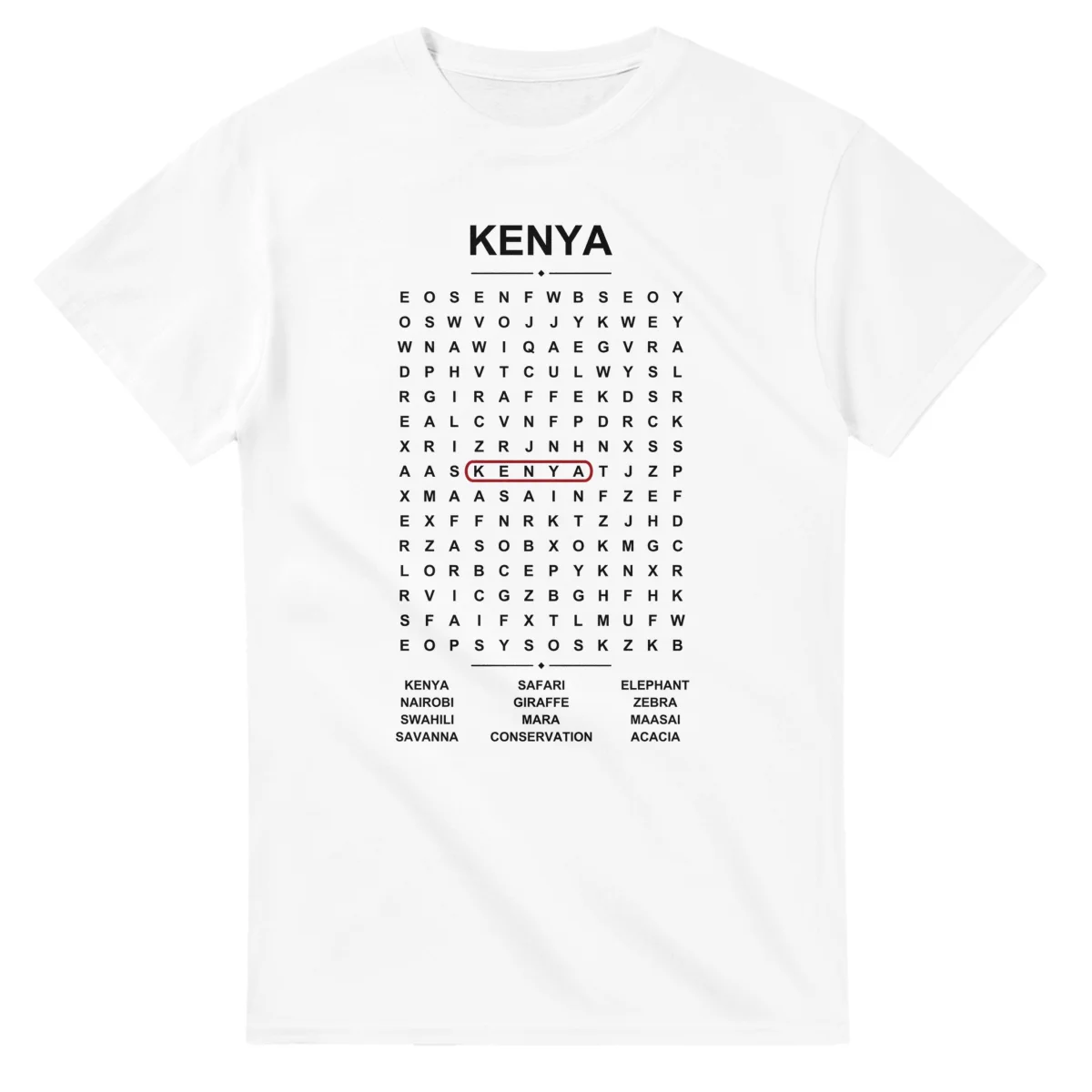 Word-search sheet for Kenya, with a large place-name heading, a letter grid, a local answer list, and a red highlighted example word.