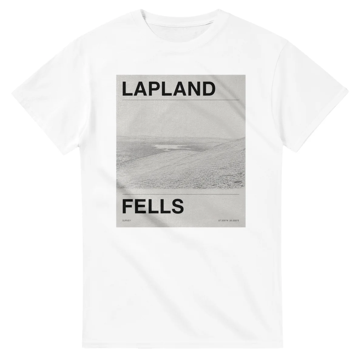 Fine-line engraving-style drawing for Lapland, with a landmark caption and small coordinate text.