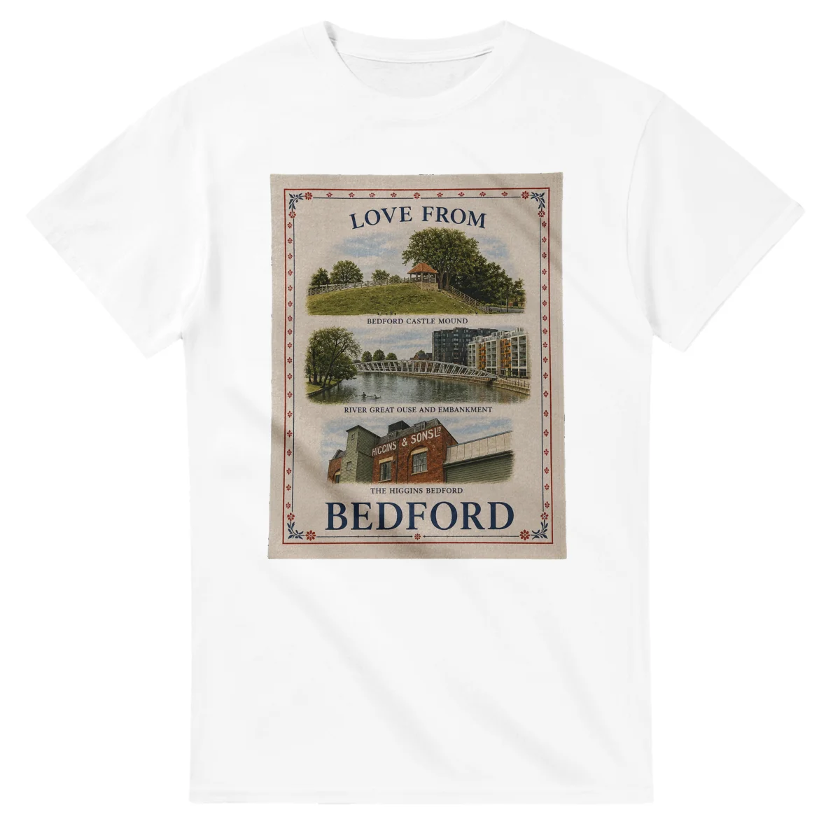 Framed scenic design for Bedford, with several local views, a decorative border and LOVE FROM lettering.