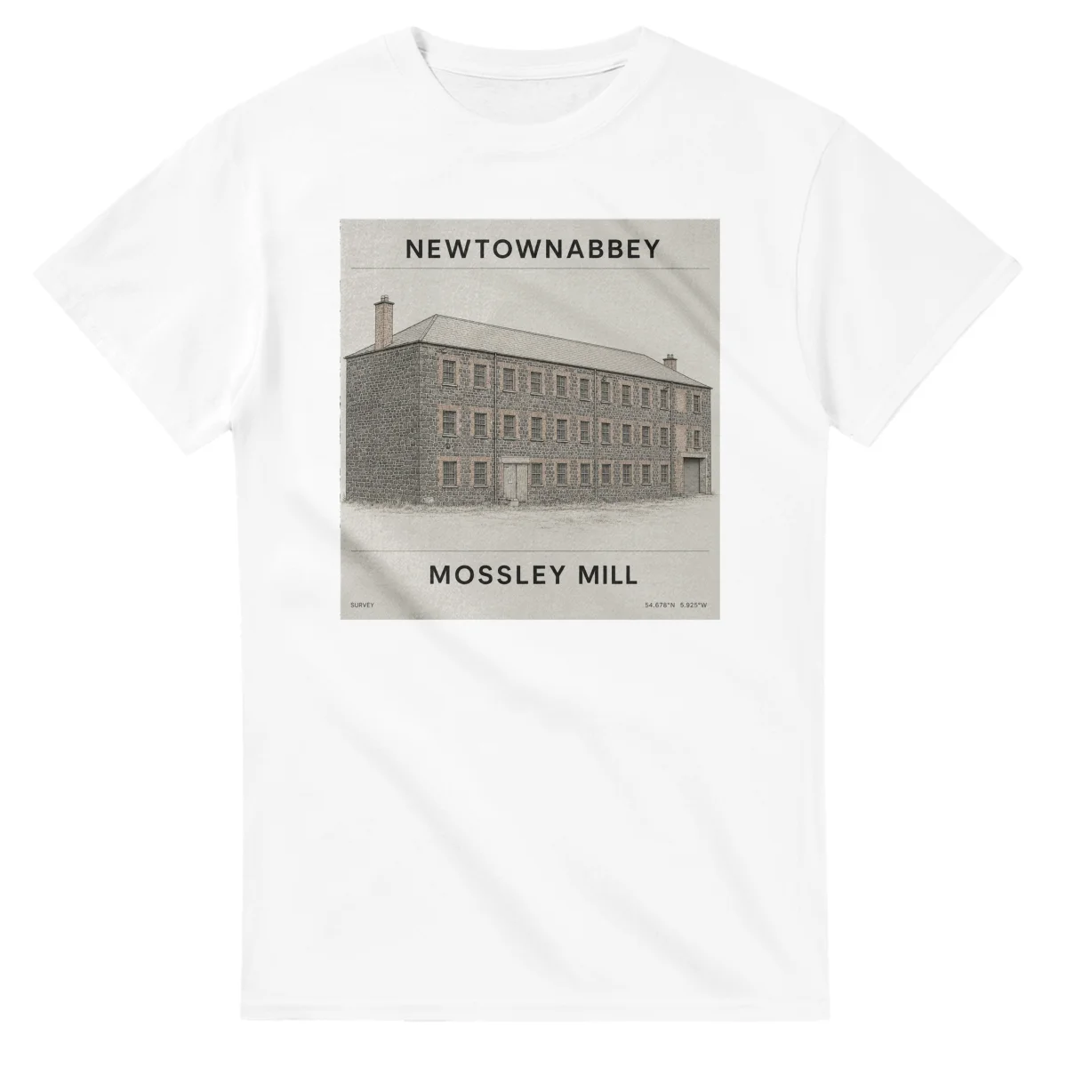 Fine-line engraving-style drawing for Newtownabbey, with a landmark caption and small coordinate text.