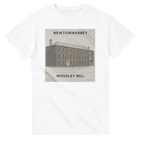 Fine-line engraving-style drawing for Newtownabbey, with a landmark caption and small coordinate text.