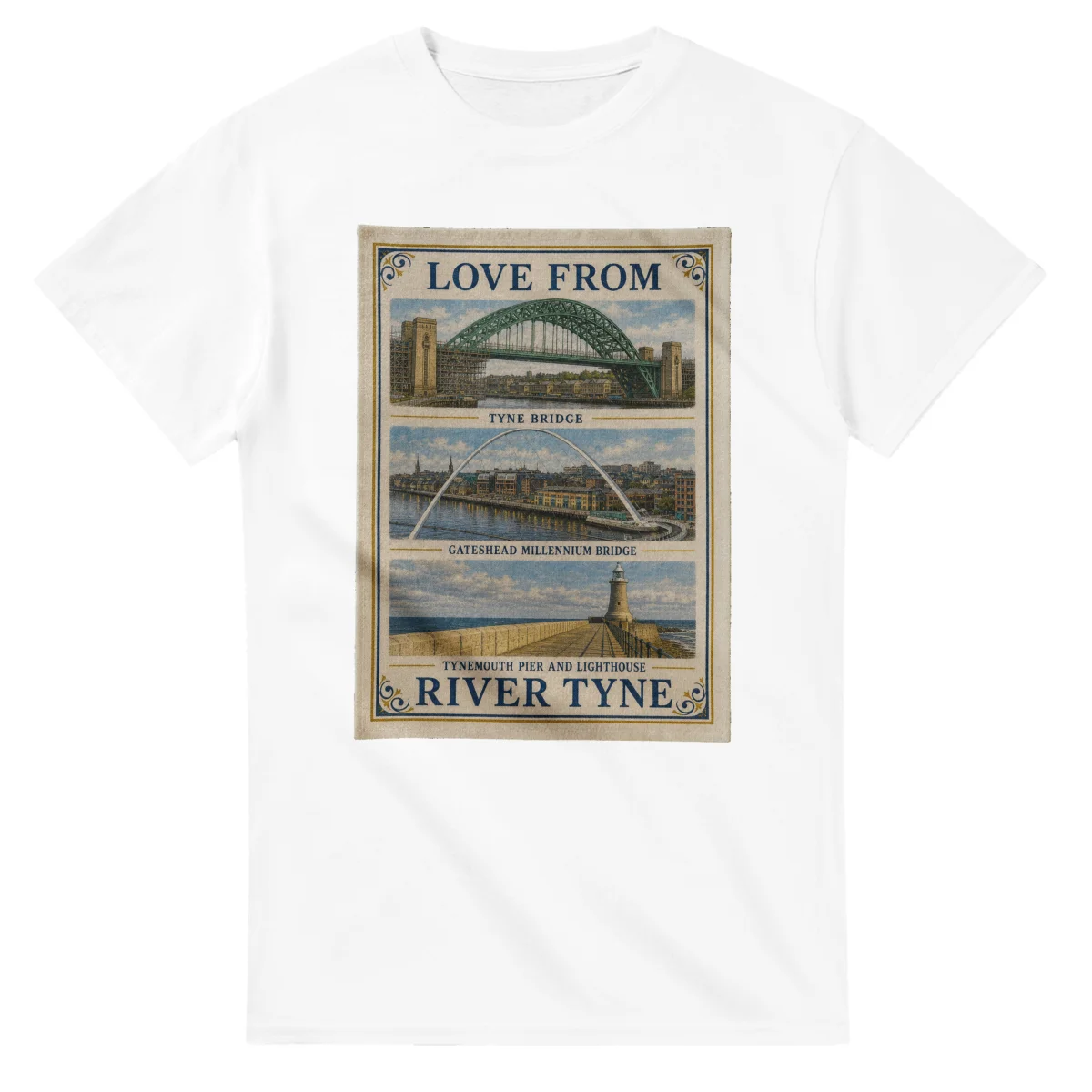 Framed scenic design for River Tyne, with several local views, a decorative border and LOVE FROM lettering.