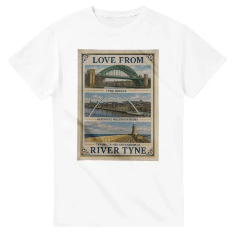 Framed scenic design for River Tyne, with several local views, a decorative border and LOVE FROM lettering.
