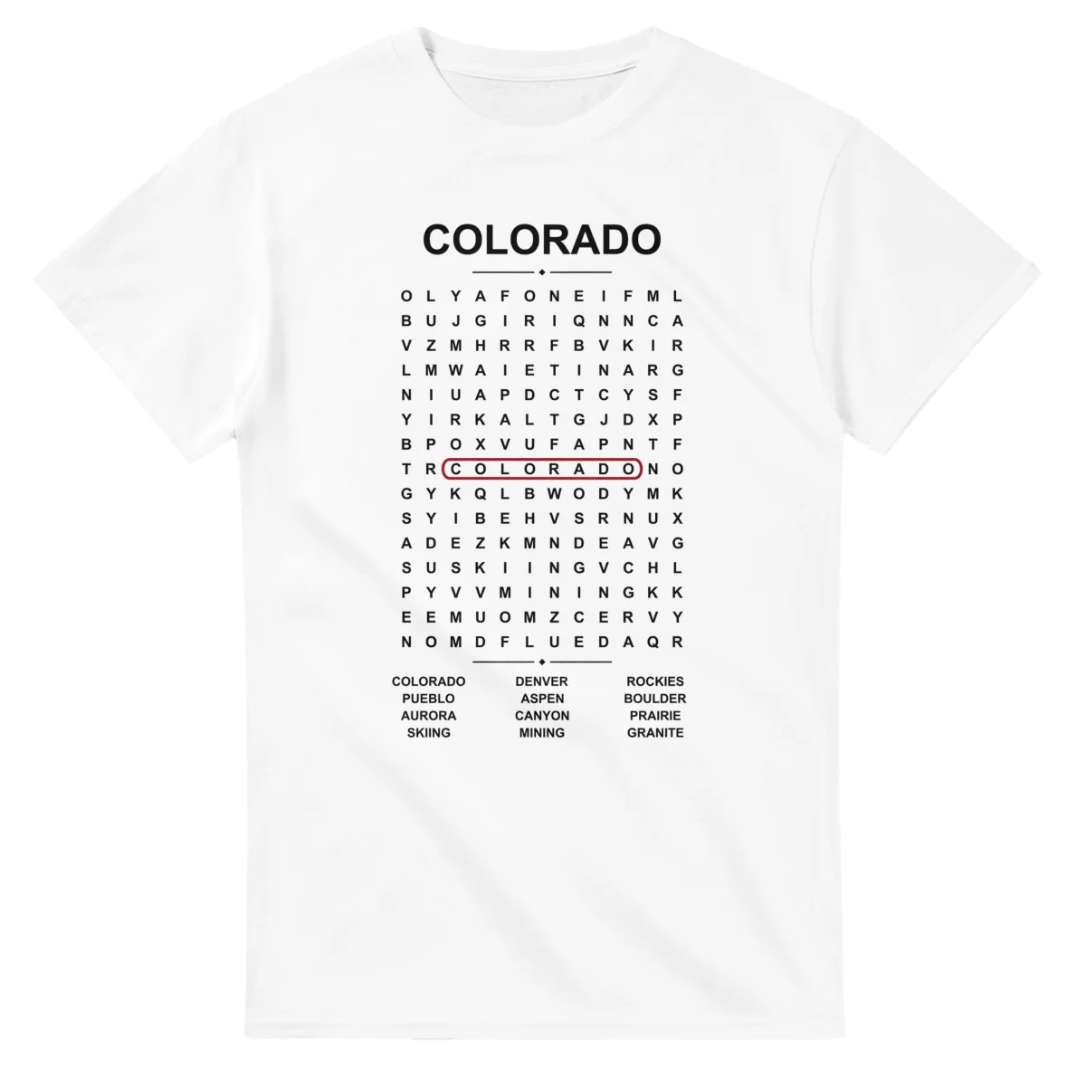 Word-search sheet for Colorado, with a large place-name heading, a letter grid, a local answer list, and a red highlighted example word.