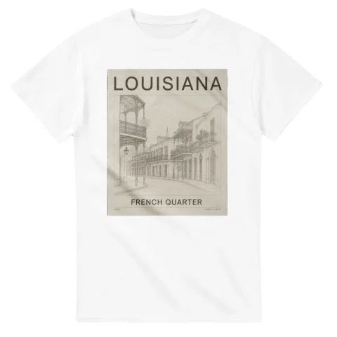 Fine-line engraving-style drawing for Louisiana, with a landmark caption and small coordinate text.