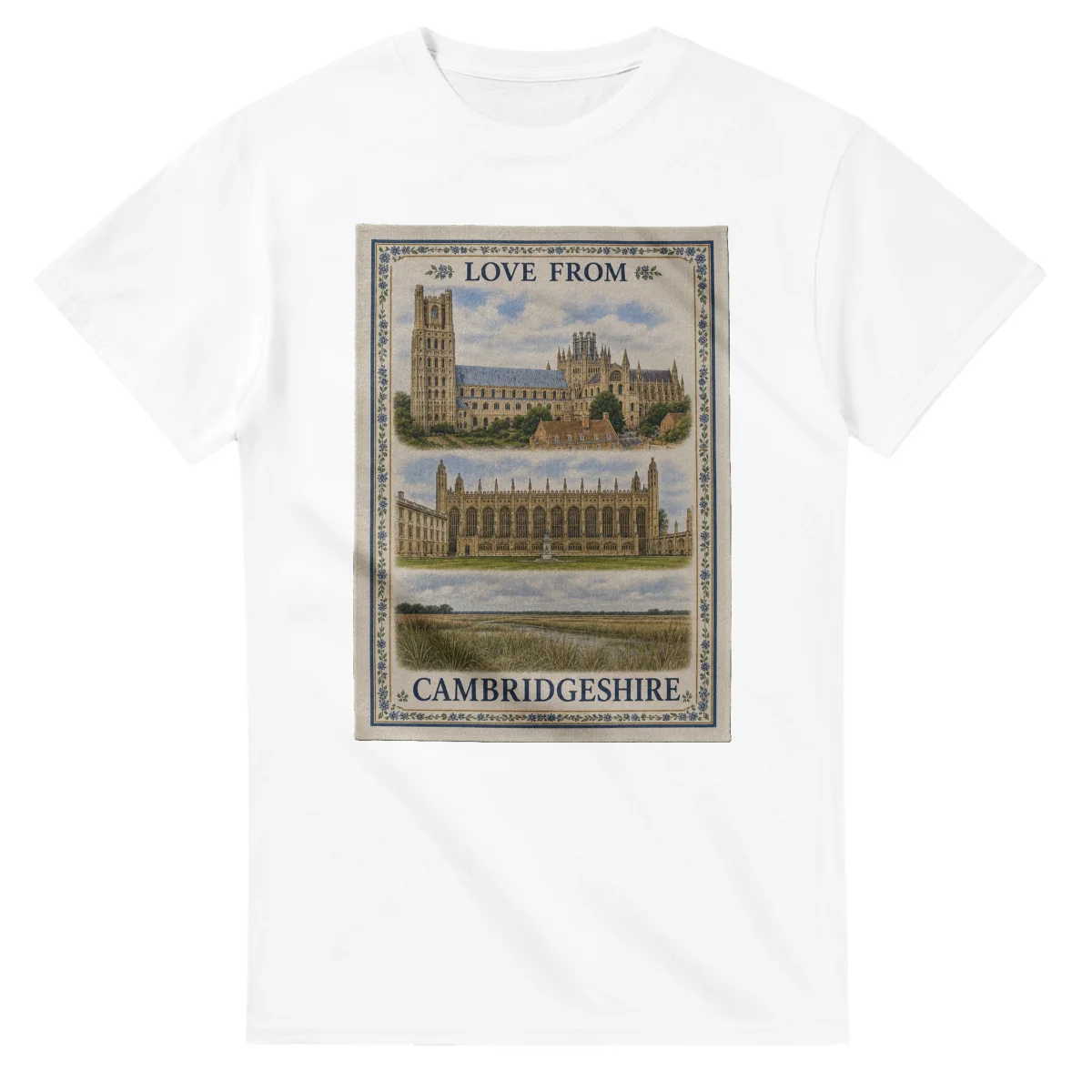 Framed scenic design for Cambridgeshire, with several local views, a decorative border and LOVE FROM lettering.