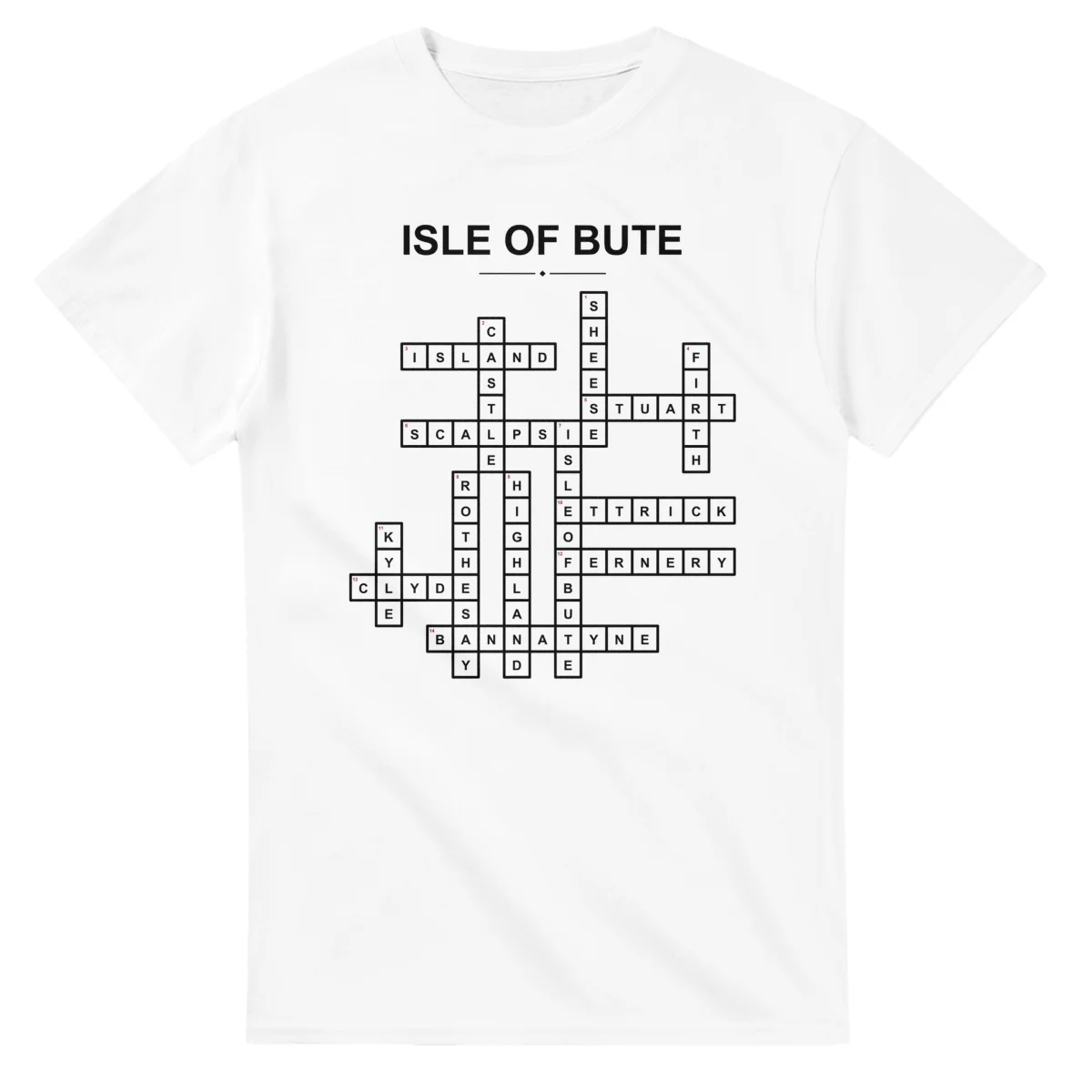 Monochrome crossword sheet for Isle of Bute, with a large place-name heading, a letter grid, and numbered across and down clues.