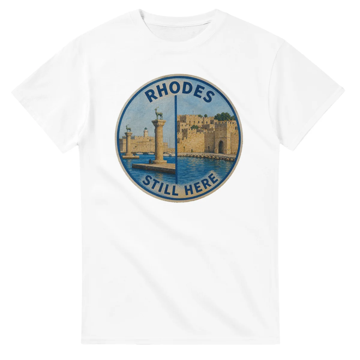 Painted, panelled scenic illustration for Rhodes, with paired local scenes and the place name in lettering.