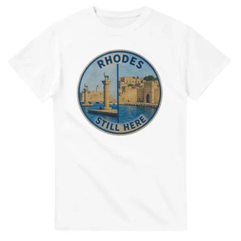 Painted, panelled scenic illustration for Rhodes, with paired local scenes and the place name in lettering.