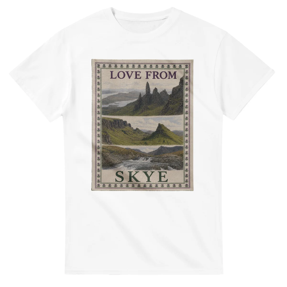 Framed scenic design for Skye, with several local views, a decorative border and LOVE FROM lettering.