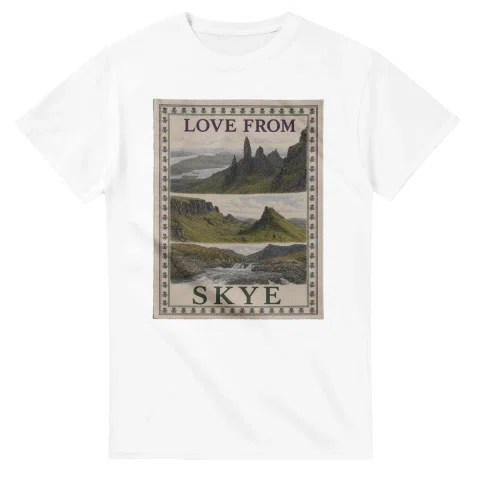 Framed scenic design for Skye, with several local views, a decorative border and LOVE FROM lettering.