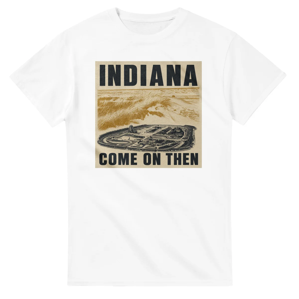 Two-colour scenic illustration for Indiana, with the place name and COME ON THEN lettering.