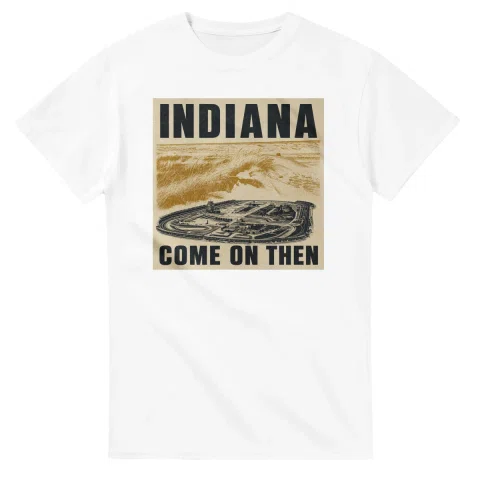 Two-colour scenic illustration for Indiana, with the place name and COME ON THEN lettering.