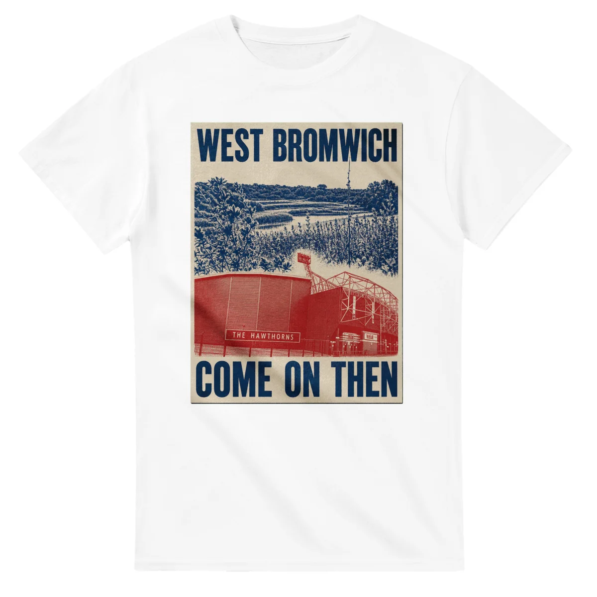 Two-colour scenic illustration for West Bromwich, with the place name and COME ON THEN lettering.