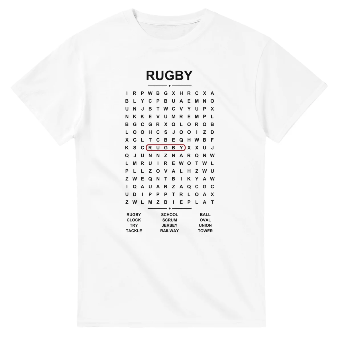 Word-search sheet for Rugby, with a large place-name heading, a letter grid, a local answer list, and a red highlighted example word.