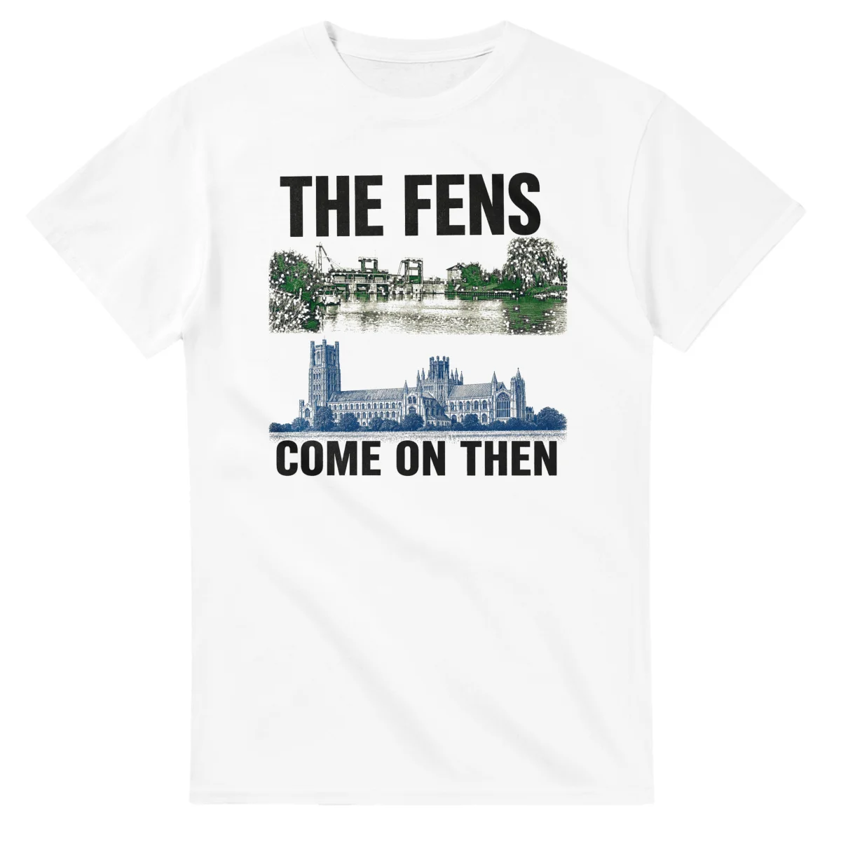 Two-colour scenic illustration for The Fens, with the place name and COME ON THEN lettering.