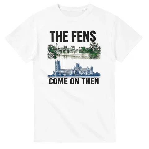 Two-colour scenic illustration for The Fens, with the place name and COME ON THEN lettering.