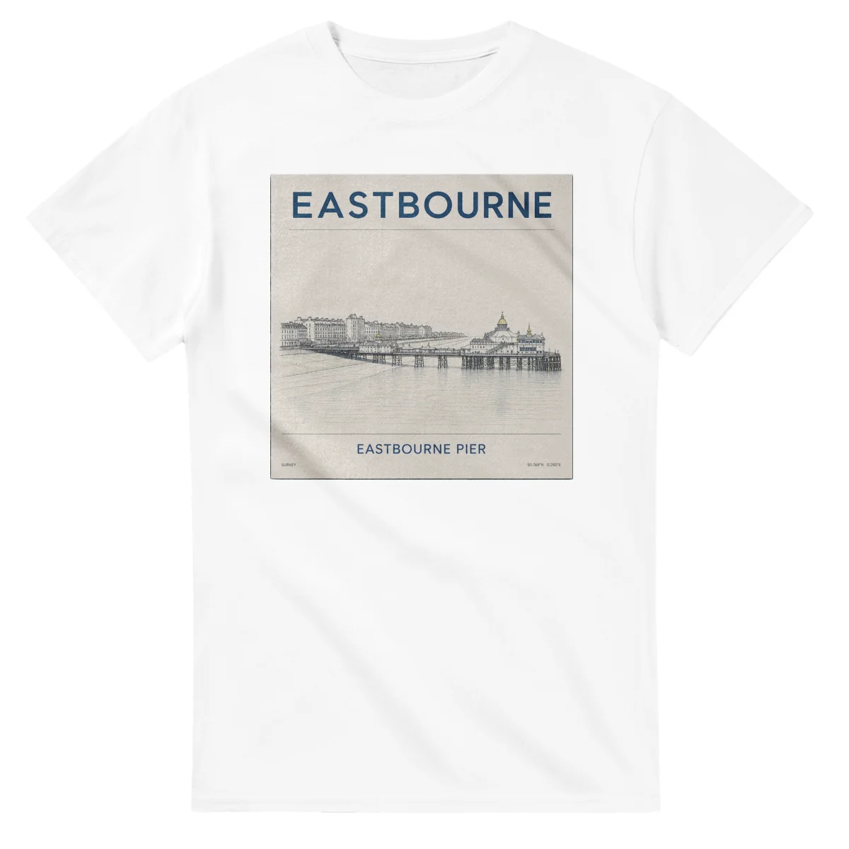 Fine-line engraving-style drawing for Eastbourne, with a landmark caption and small coordinate text.