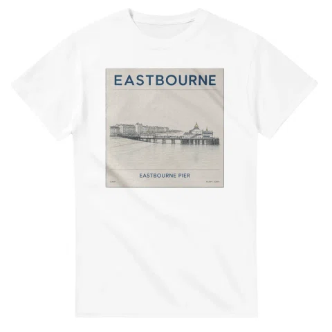 Fine-line engraving-style drawing for Eastbourne, with a landmark caption and small coordinate text.