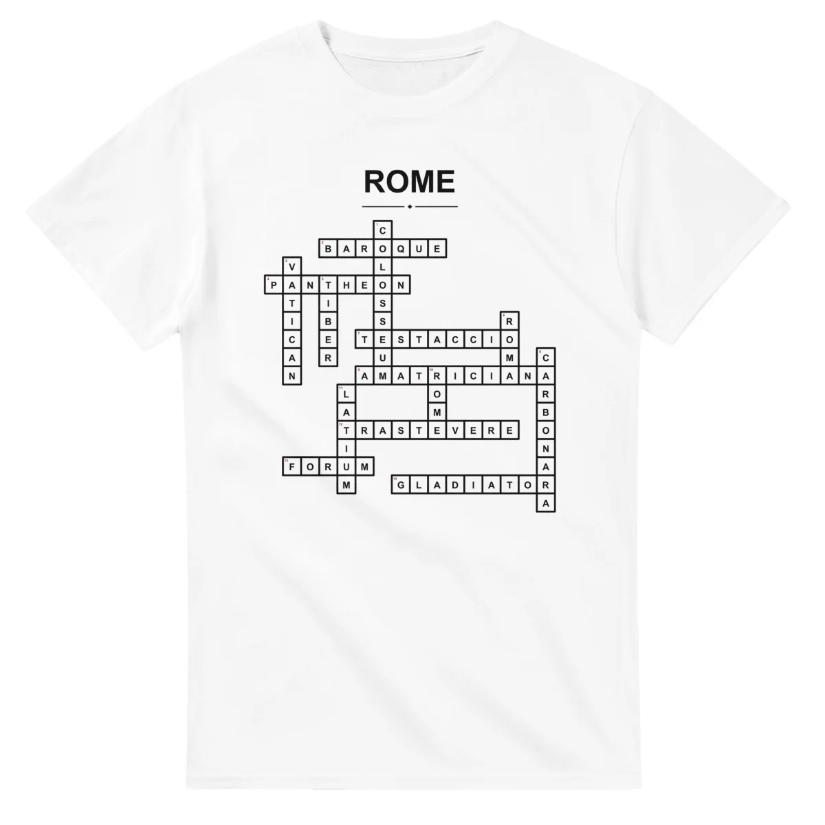 Monochrome crossword sheet for Rome, with a large place-name heading, a letter grid, and numbered across and down clues.