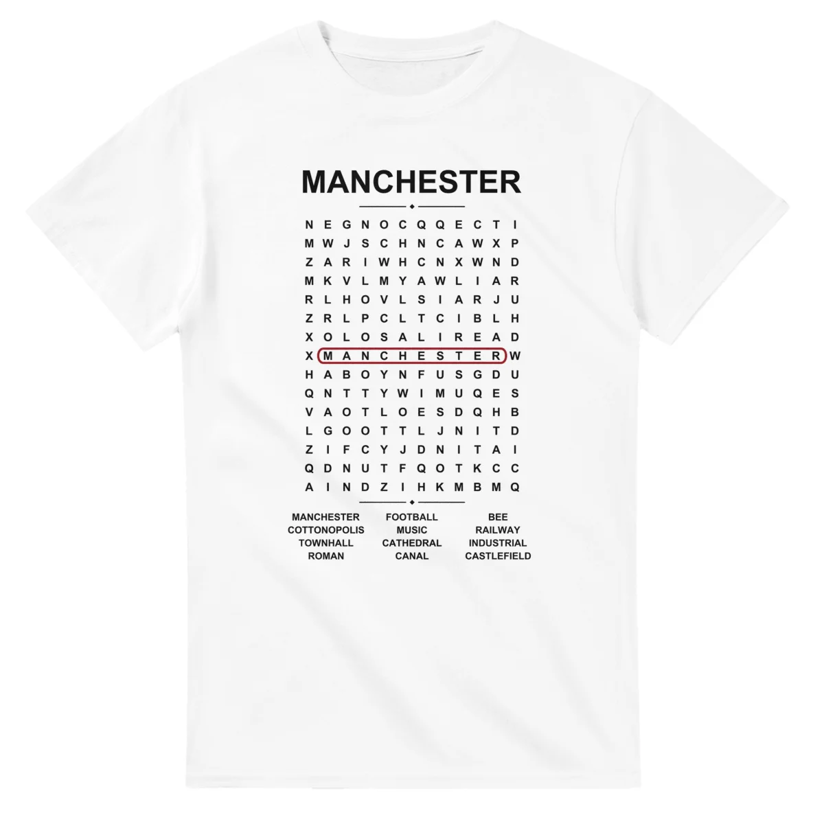 Word-search sheet for Manchester, with a large place-name heading, a letter grid, a local answer list, and a red highlighted example word.