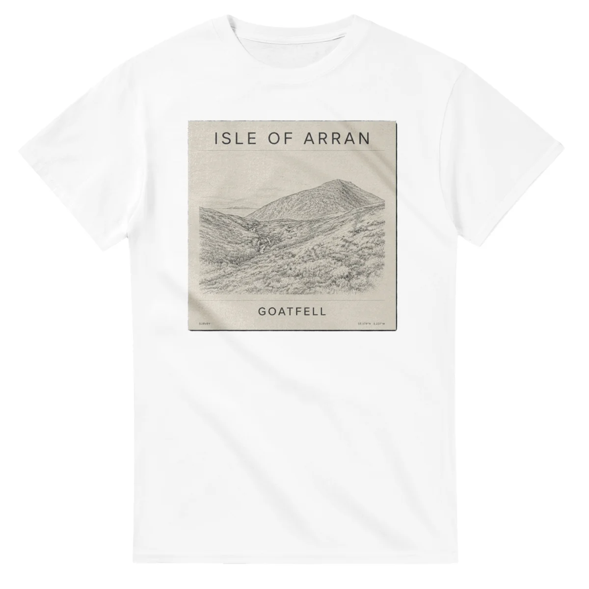 Fine-line engraving-style drawing for Isle of Arran, with a landmark caption and small coordinate text.