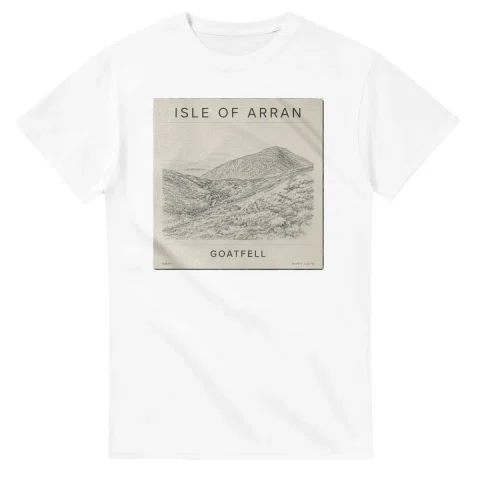 Fine-line engraving-style drawing for Isle of Arran, with a landmark caption and small coordinate text.