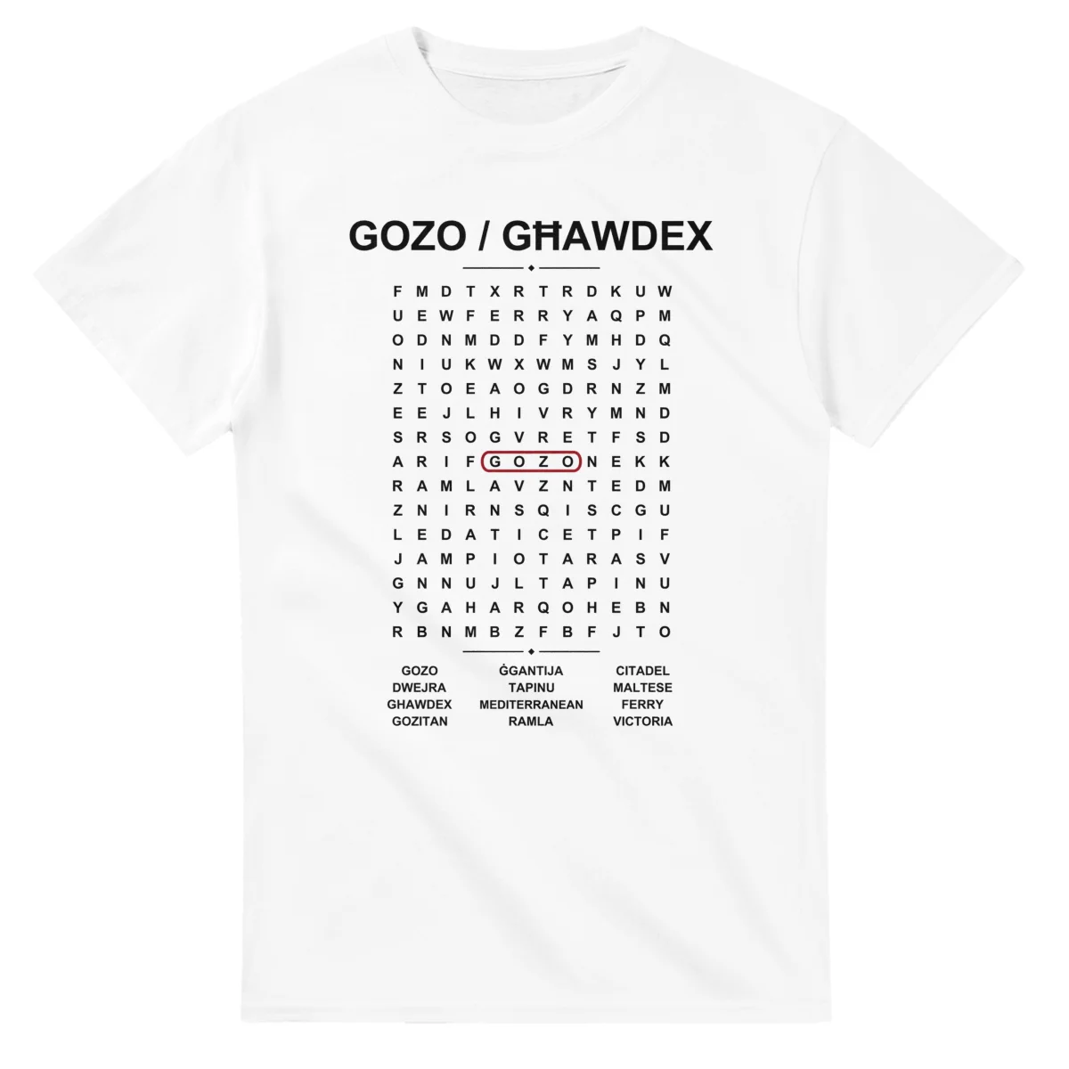 Word-search sheet for Gozo / Għawdex, with a large place-name heading, a letter grid, a local answer list, and a red highlighted example word.