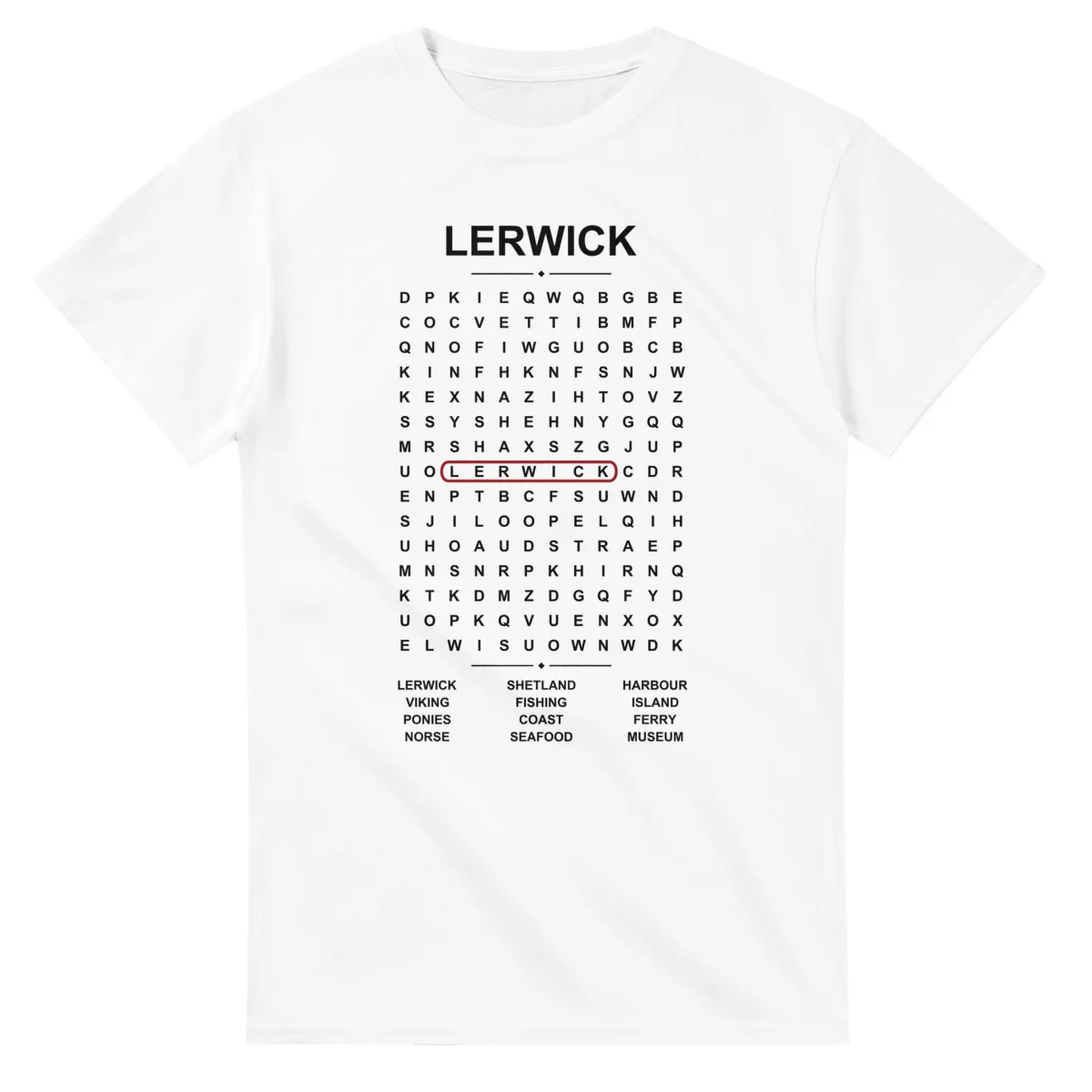 Word-search sheet for Lerwick, with a large place-name heading, a letter grid, a local answer list, and a red highlighted example word.