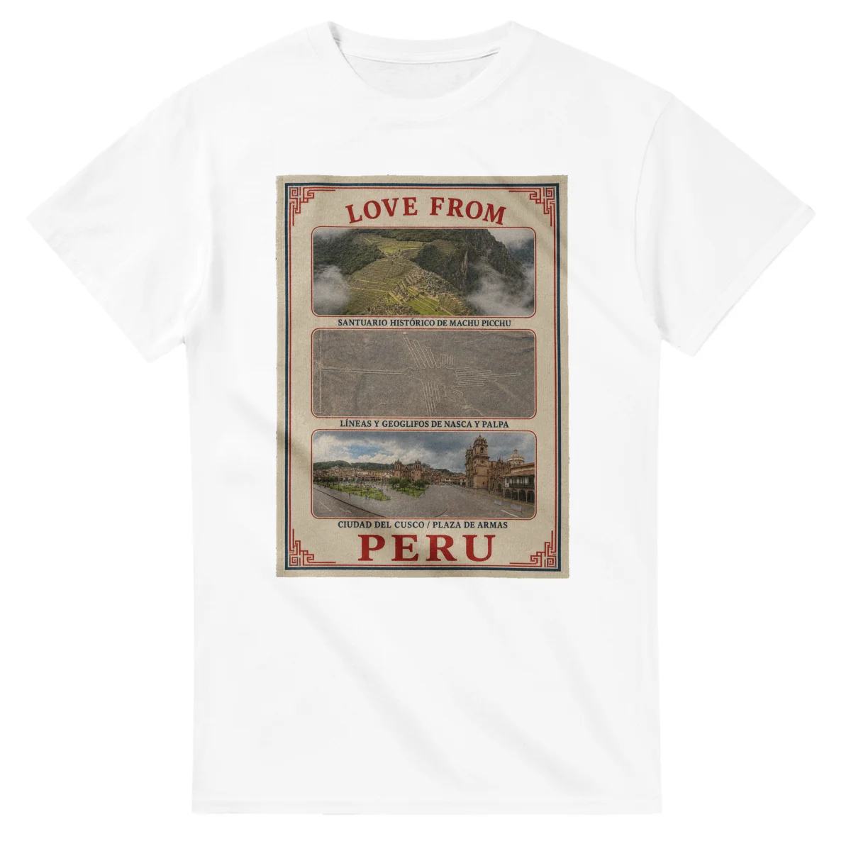 Framed scenic design for Peru, with several local views, a decorative border and LOVE FROM lettering.