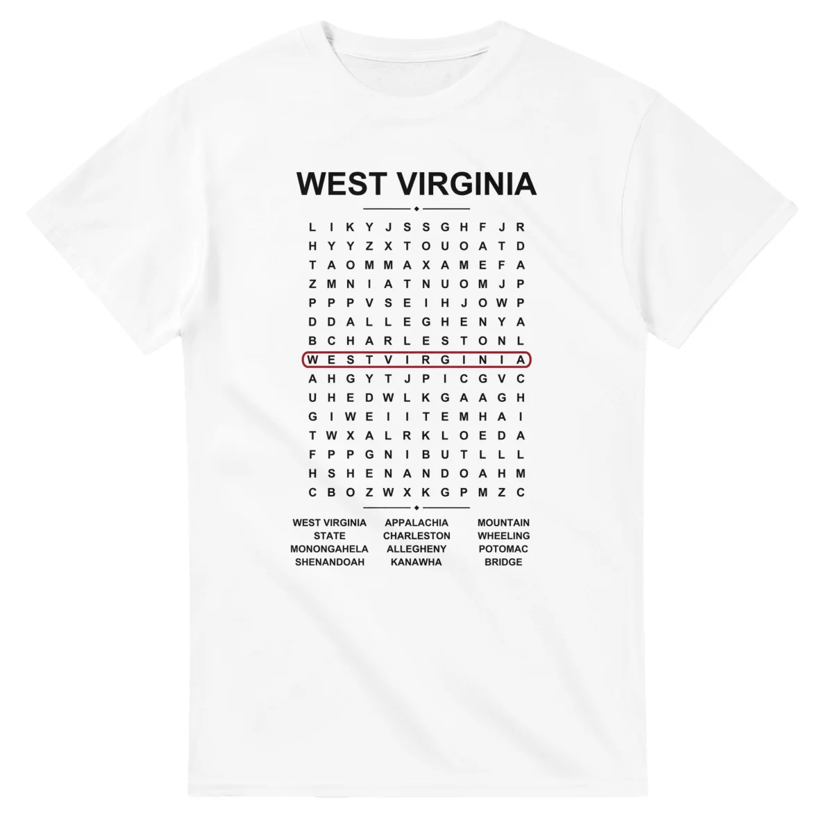 Word-search sheet for West Virginia, with a large place-name heading, a letter grid, a local answer list, and a red highlighted example word.