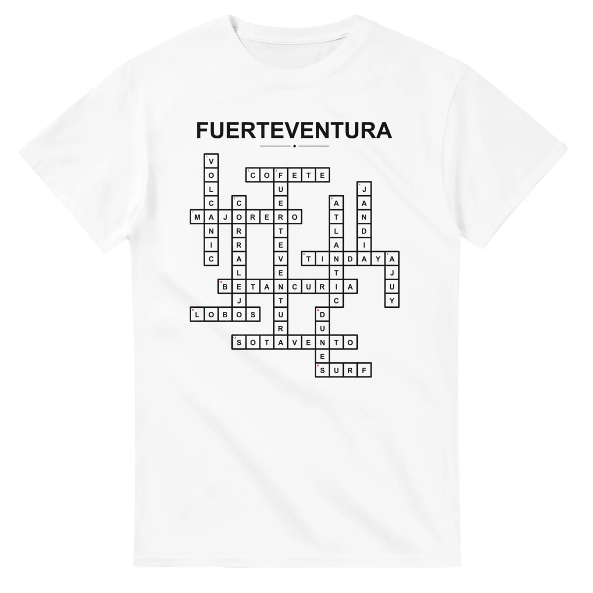 Monochrome crossword sheet for Fuerteventura, with a large place-name heading, a letter grid, and numbered across and down clues.