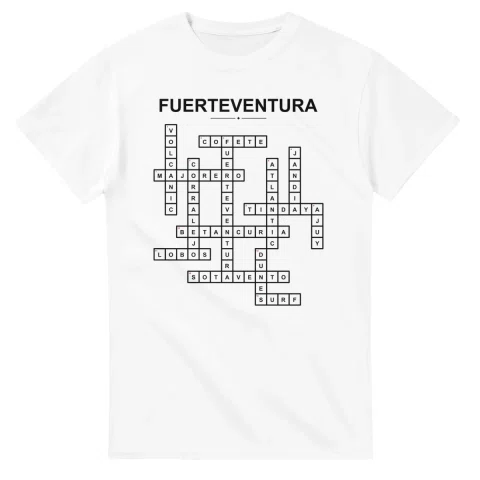 Monochrome crossword sheet for Fuerteventura, with a large place-name heading, a letter grid, and numbered across and down clues.